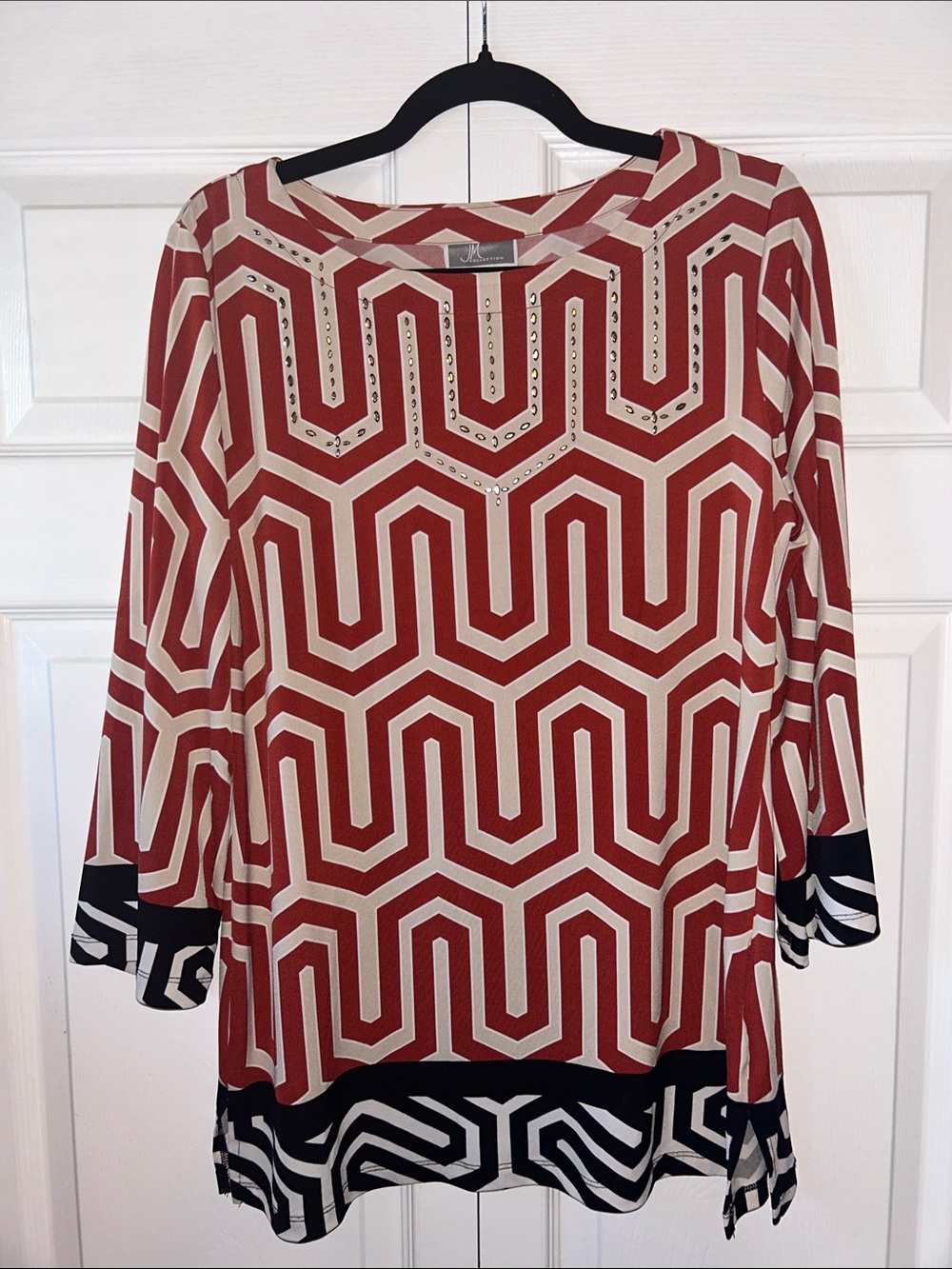 Excellent Condition Geometric Red & Cream Long Sleeve Women's Top
